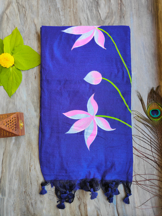 BLUE LOTUS HAND PAINTED KHADI COTTON SAREE