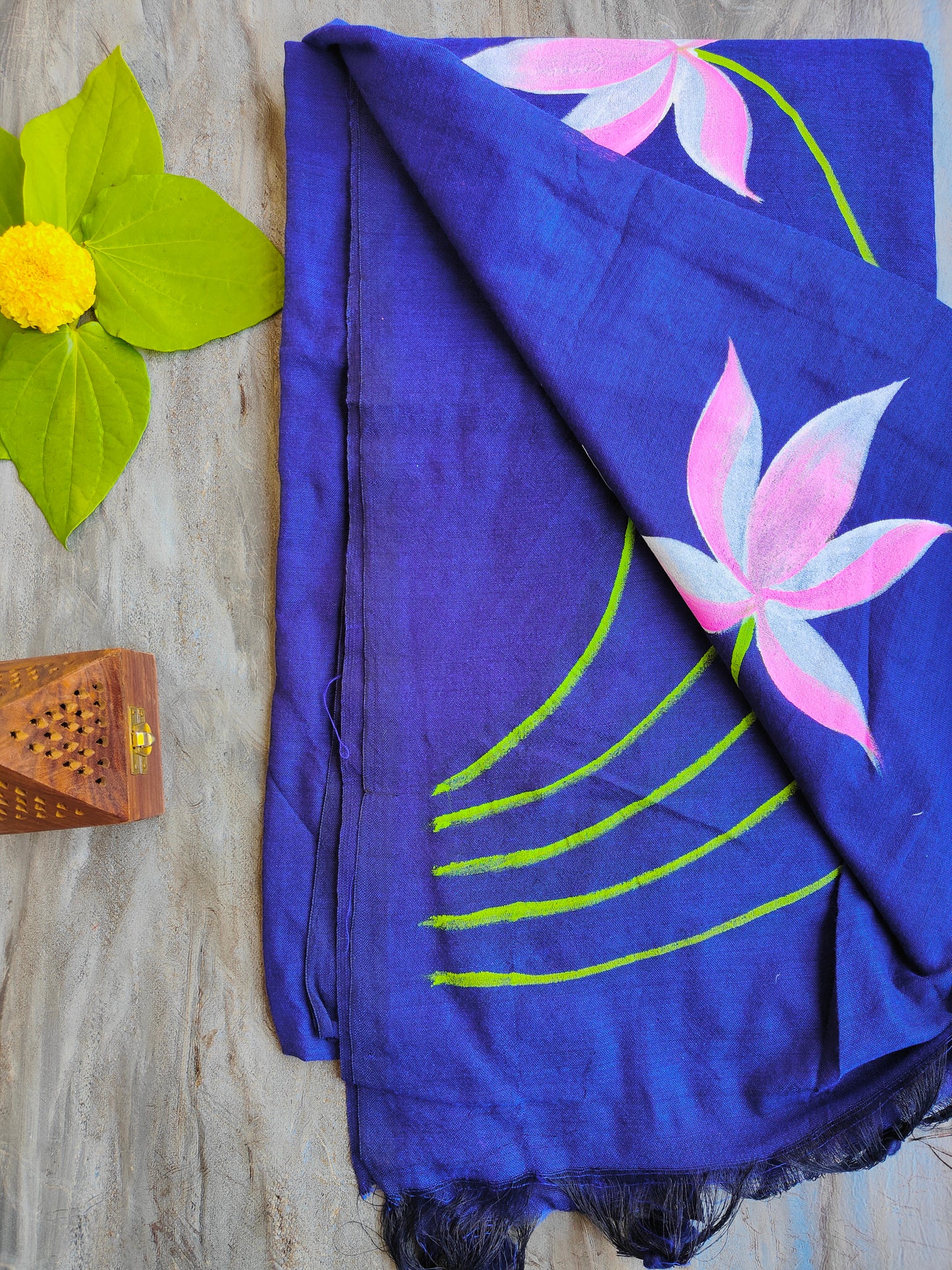 BLUE LOTUS HAND PAINTED KHADI COTTON SAREE