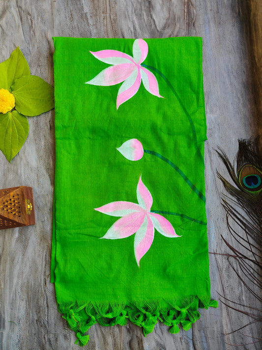 GREEN LOTUS HAND PAINTED KHADI COTTON SAREE