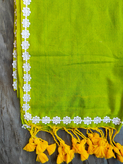 PARROT GREEN LACE KHADI COTTON SAREE