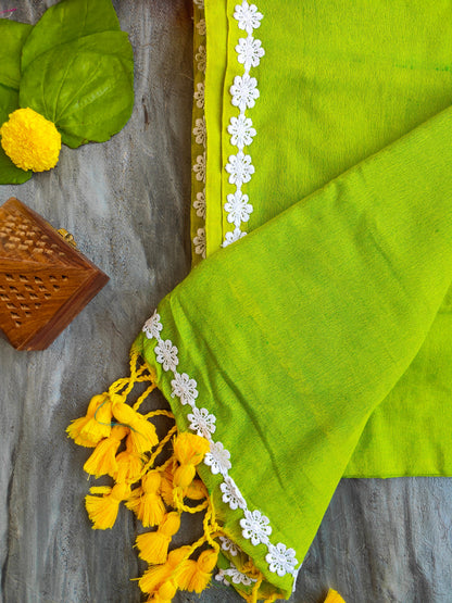PARROT GREEN LACE KHADI COTTON SAREE