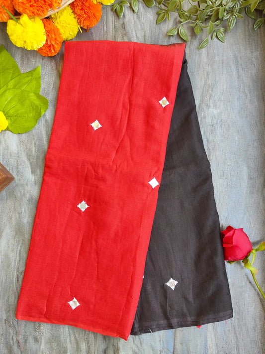 RED AND BLACK SITARA MUL COTTON SAREE