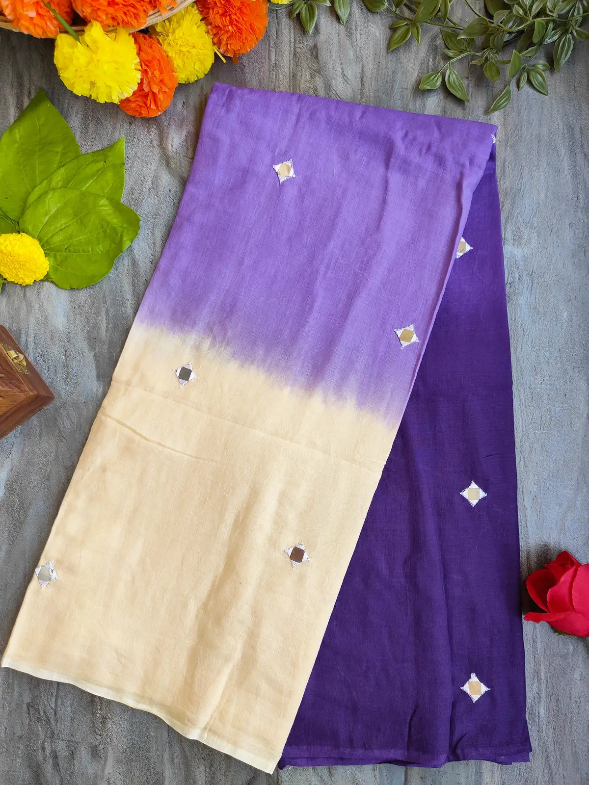 BEIGE AND PURPLE SITARA MUL COTTON SAREE
