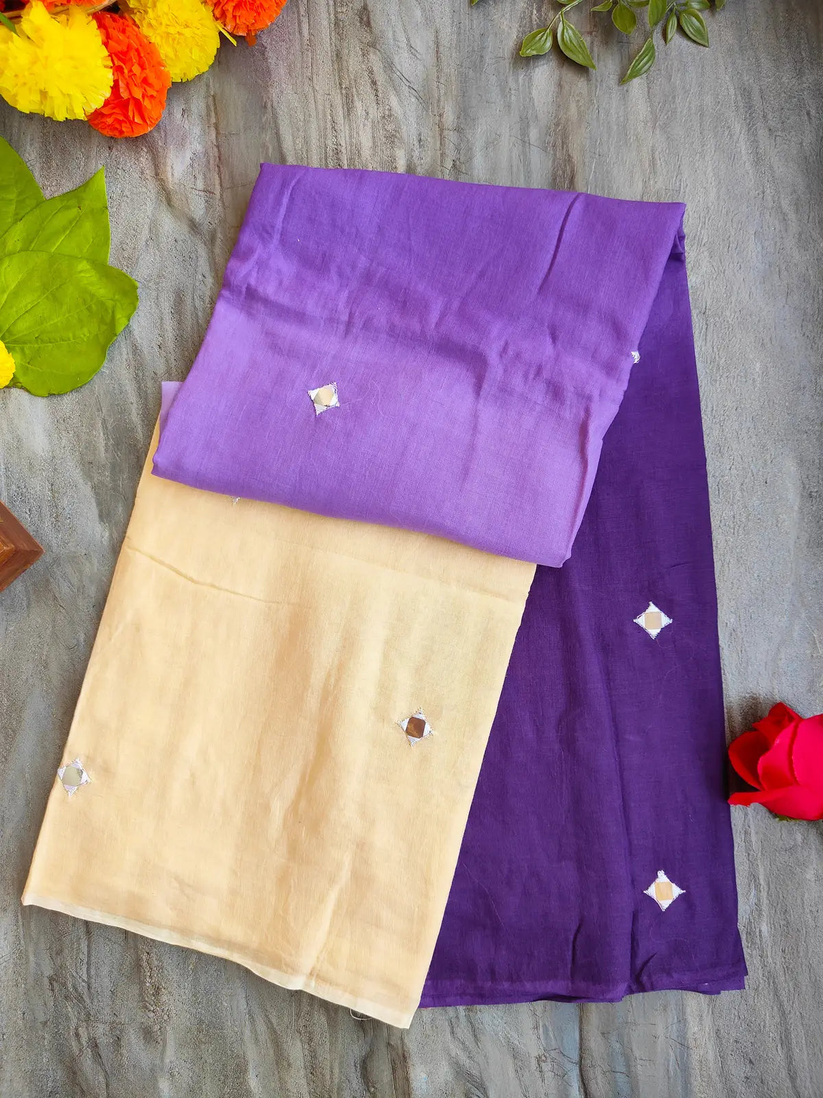 BEIGE AND PURPLE SITARA MUL COTTON SAREE