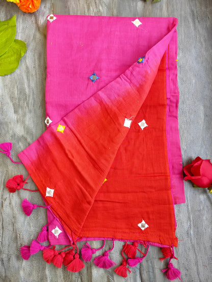 PINK AND RED SITARA MUL COTTON SAREE