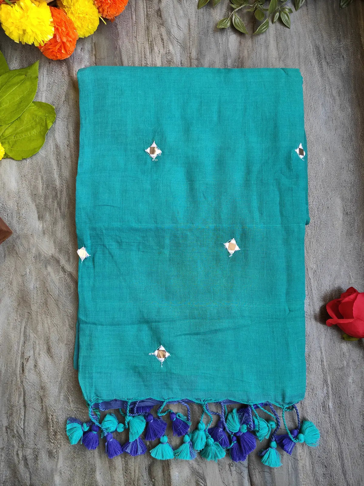 TEAL AND BLUE SITARA MUL COTTON SAREE