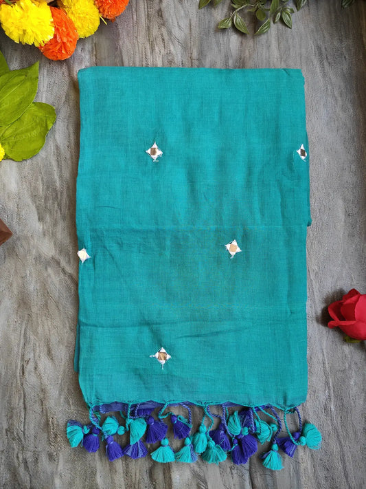 TEAL AND BLUE SITARA MUL COTTON SAREE