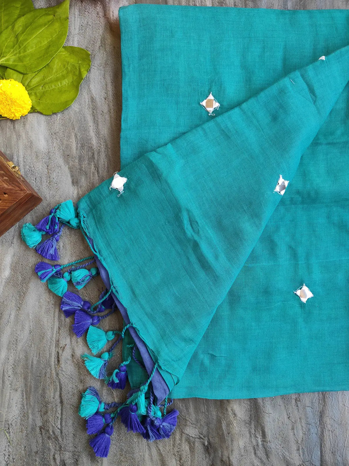TEAL AND BLUE SITARA MUL COTTON SAREE