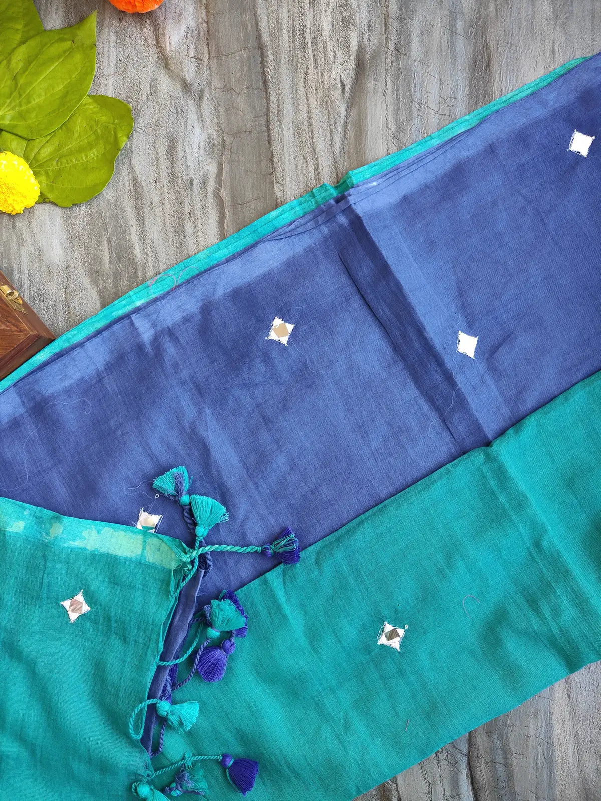 TEAL AND BLUE SITARA MUL COTTON SAREE