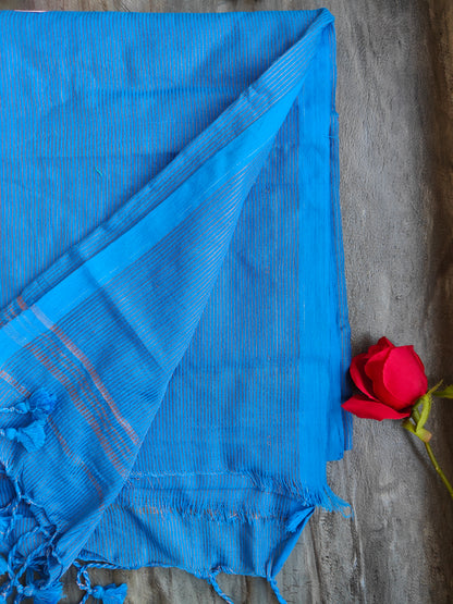 SKY BLUE GOLDEN STRIPE COTTON SAREE