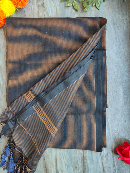BROWN GOLDEN STRIPE COTTON SAREE