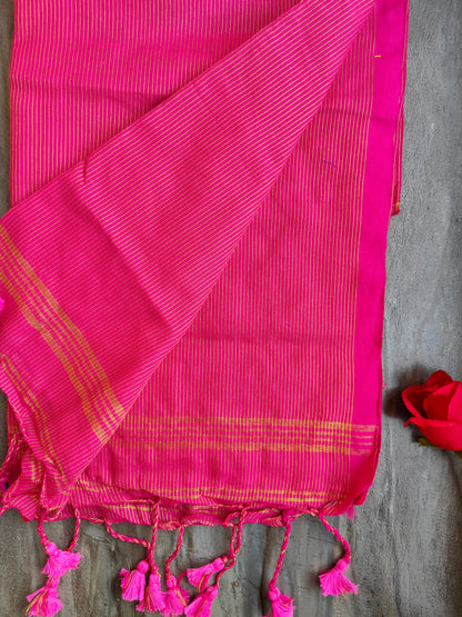 PINK GOLDEN STRIPE COTTON SAREE