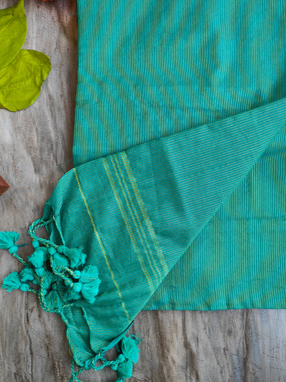 TEAL GOLDEN STRIPE COTTON SAREE