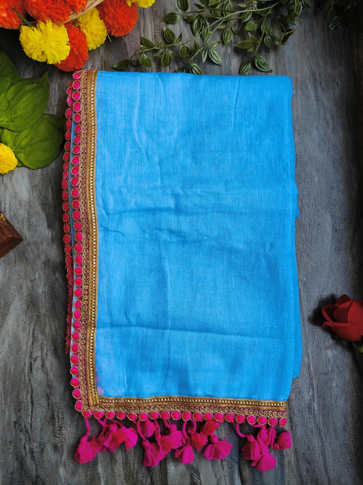 SKY BLUE LACE MUL COTTON SAREE
