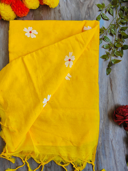 YELLOW JASMINE HAND PAINTED KHADI COTTON SAREE