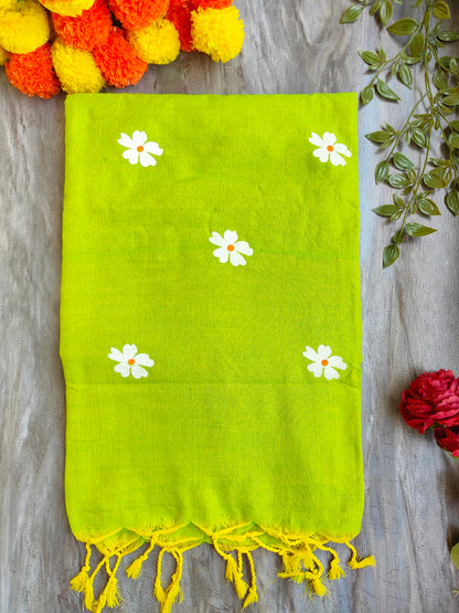 PARROT GREEN JASMINE HAND PAINTED KHADI COTTON SAREE