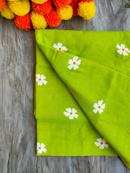 PARROT GREEN JASMINE HAND PAINTED KHADI COTTON SAREE