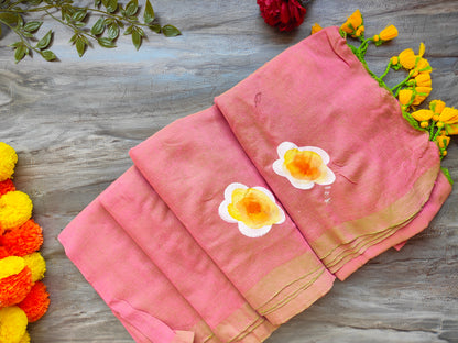 PEACH SUNFLOWER HAND PAINTED KHADI COTTON SAREE