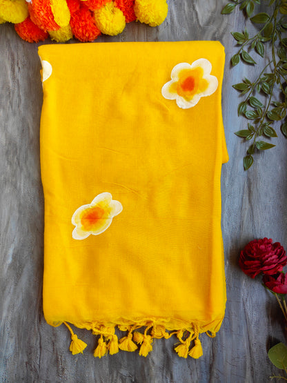 YELLOW SUNFLOWER HAND PAINTED KHADI COTTON SAREE
