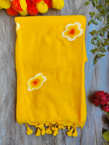 YELLOW SUNFLOWER HAND PAINTED KHADI COTTON SAREE
