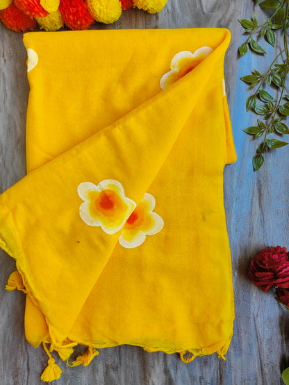 YELLOW SUNFLOWER HAND PAINTED KHADI COTTON SAREE