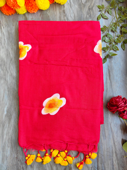 RED SUNFLOWER HAND PAINTED KHADI COTTON SAREE