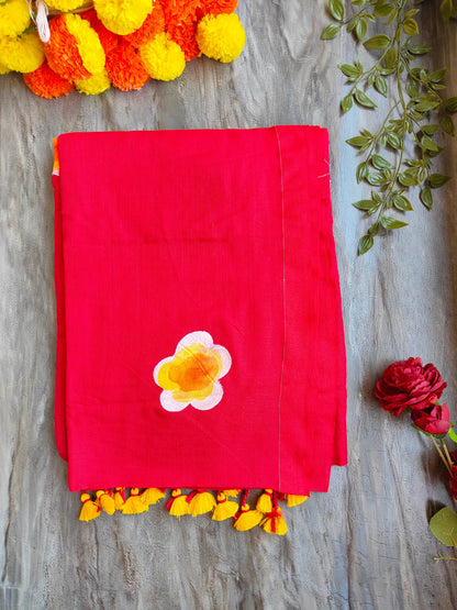 RED SUNFLOWER HAND PAINTED KHADI COTTON SAREE