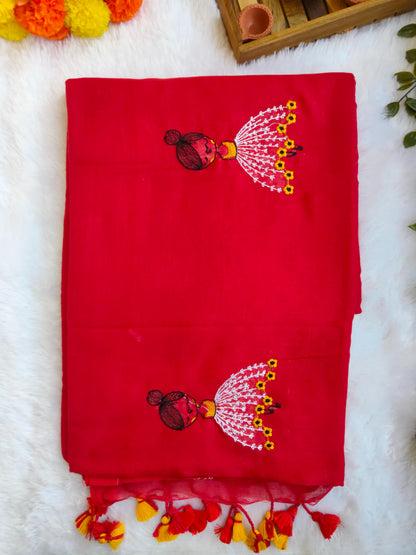 RED DOLL EMBROIDERED KHADI COTTON SAREE