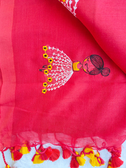 RED DOLL EMBROIDERED KHADI COTTON SAREE