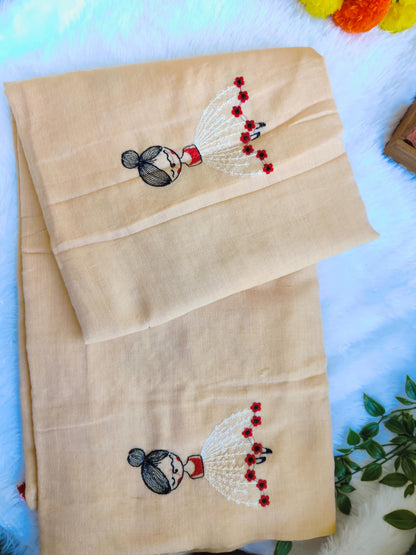 BEIGE DOLL EMBROIDERED KHADI COTTON SAREE