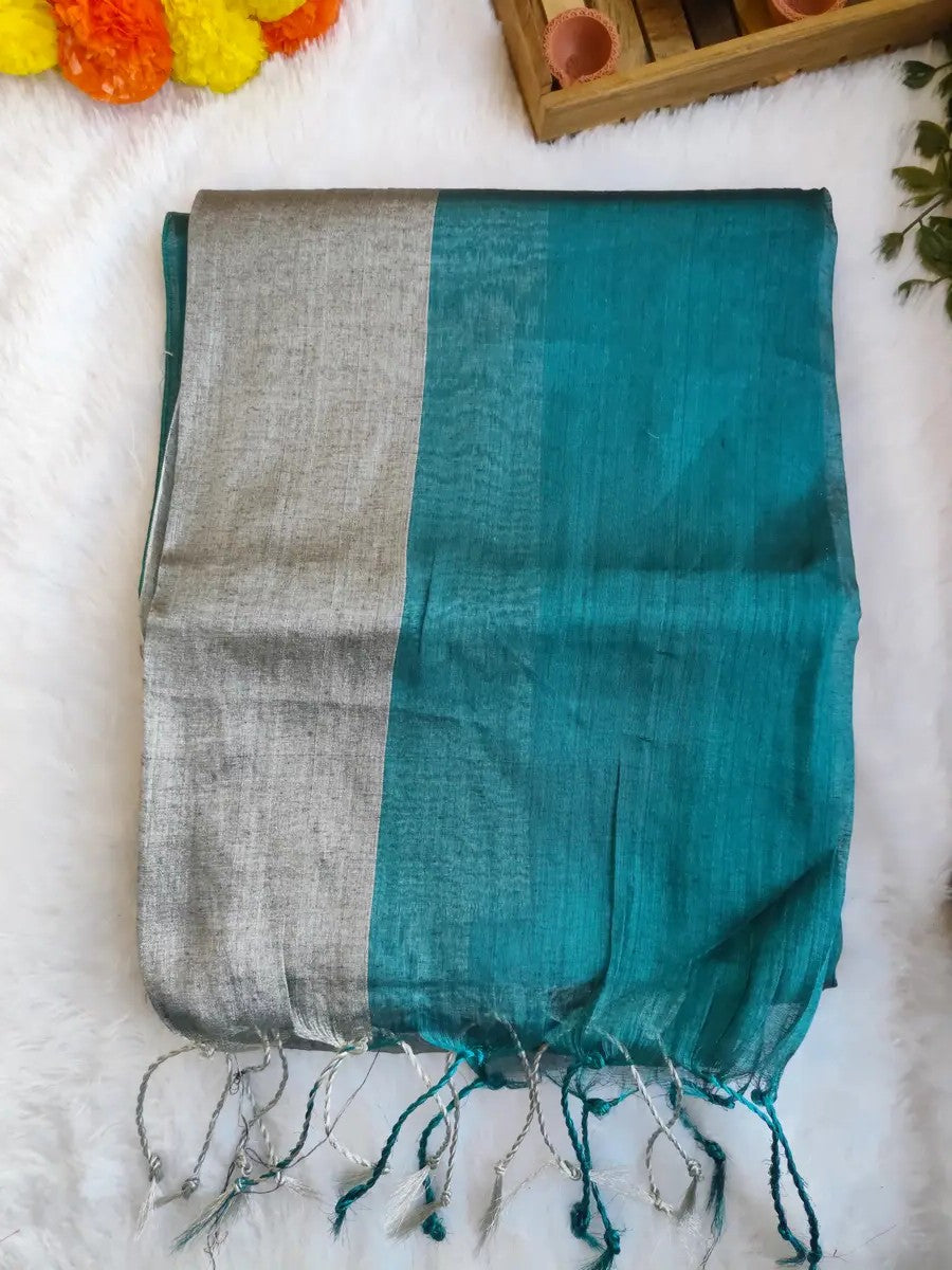 TEAL AND SILVER COTTON TISSUE SAREE