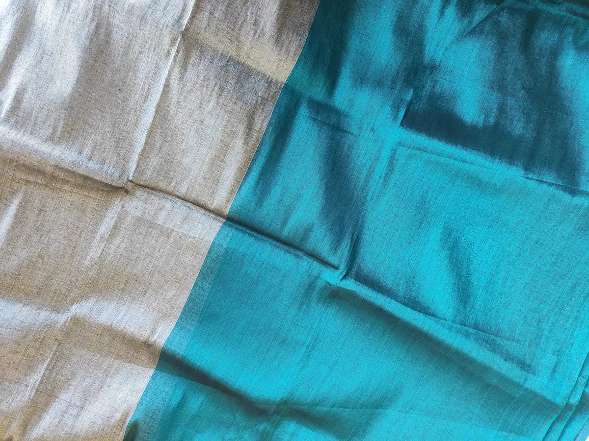 TEAL AND SILVER COTTON TISSUE SAREE