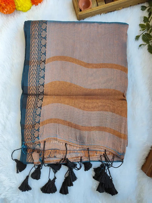 METALIC GREY BORDER COTTON TISSUE SAREE