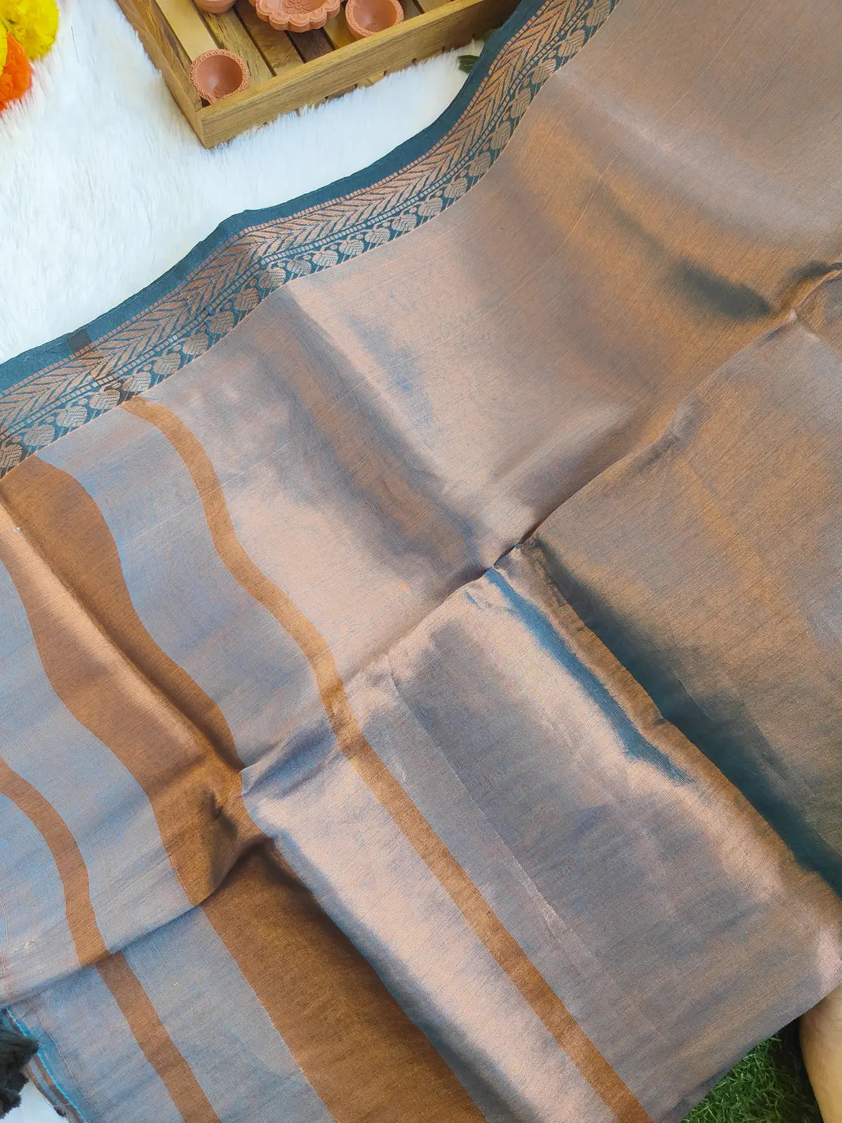 METALIC GREY BORDER COTTON TISSUE SAREE