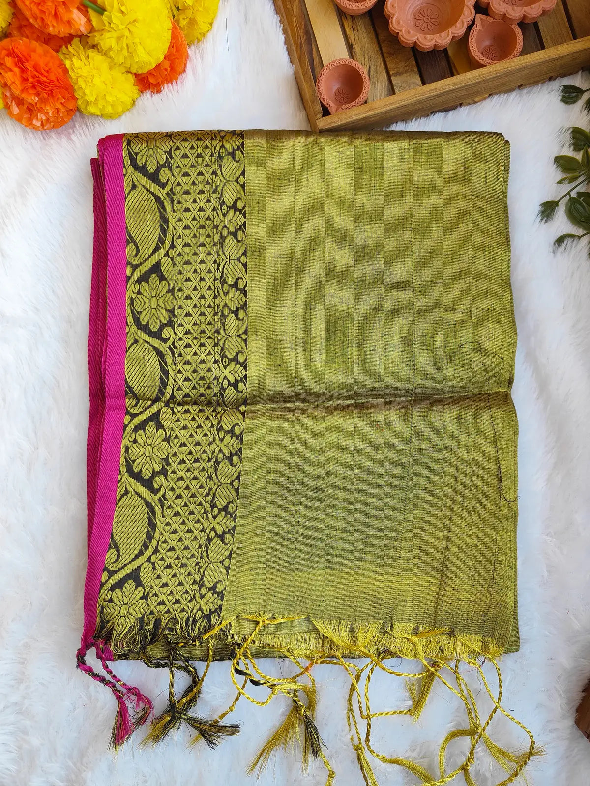 GOLDEN GREEN BORDER COTTON TISSUE SAREE