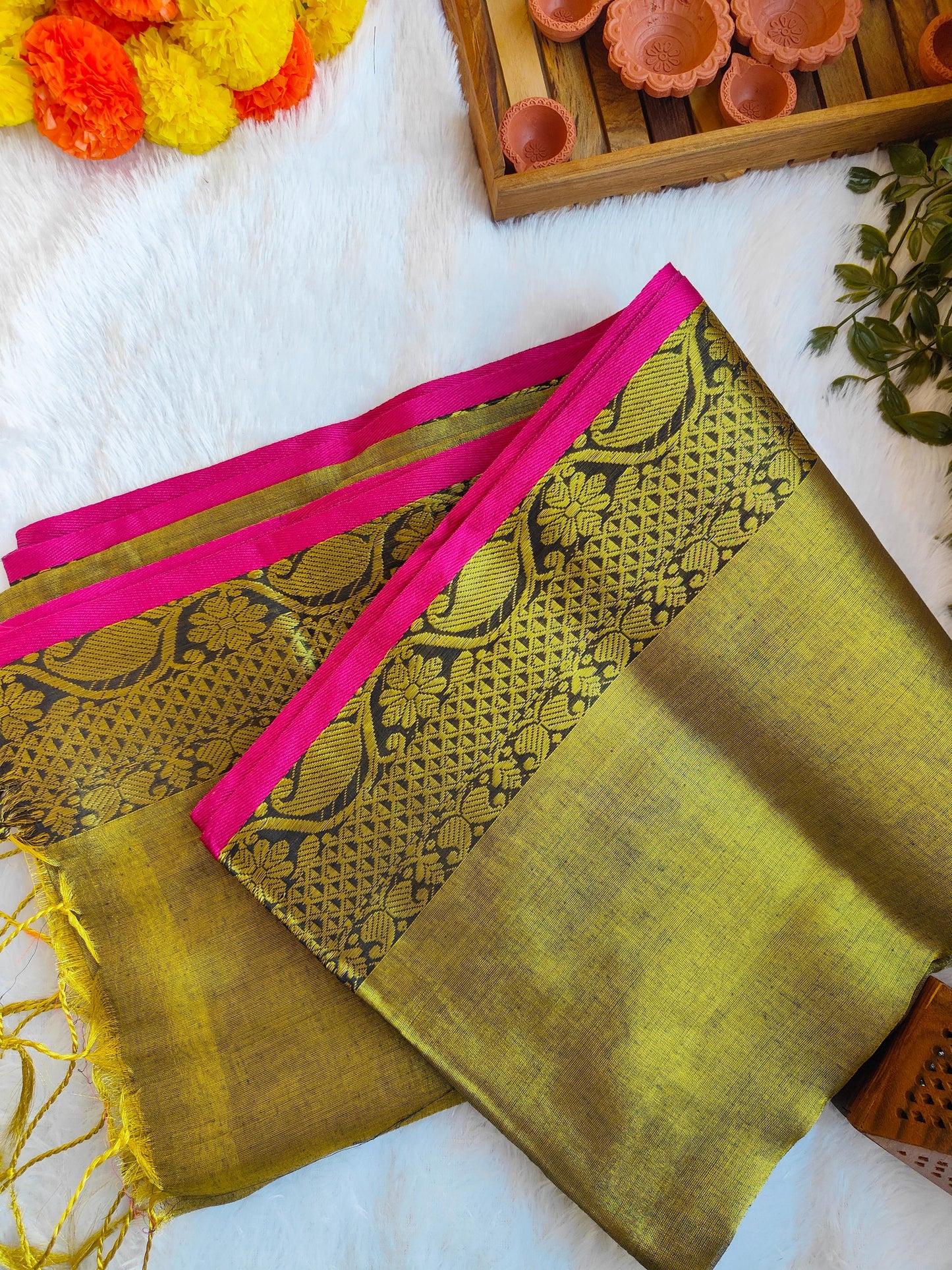 GOLDEN GREEN BORDER COTTON TISSUE SAREE