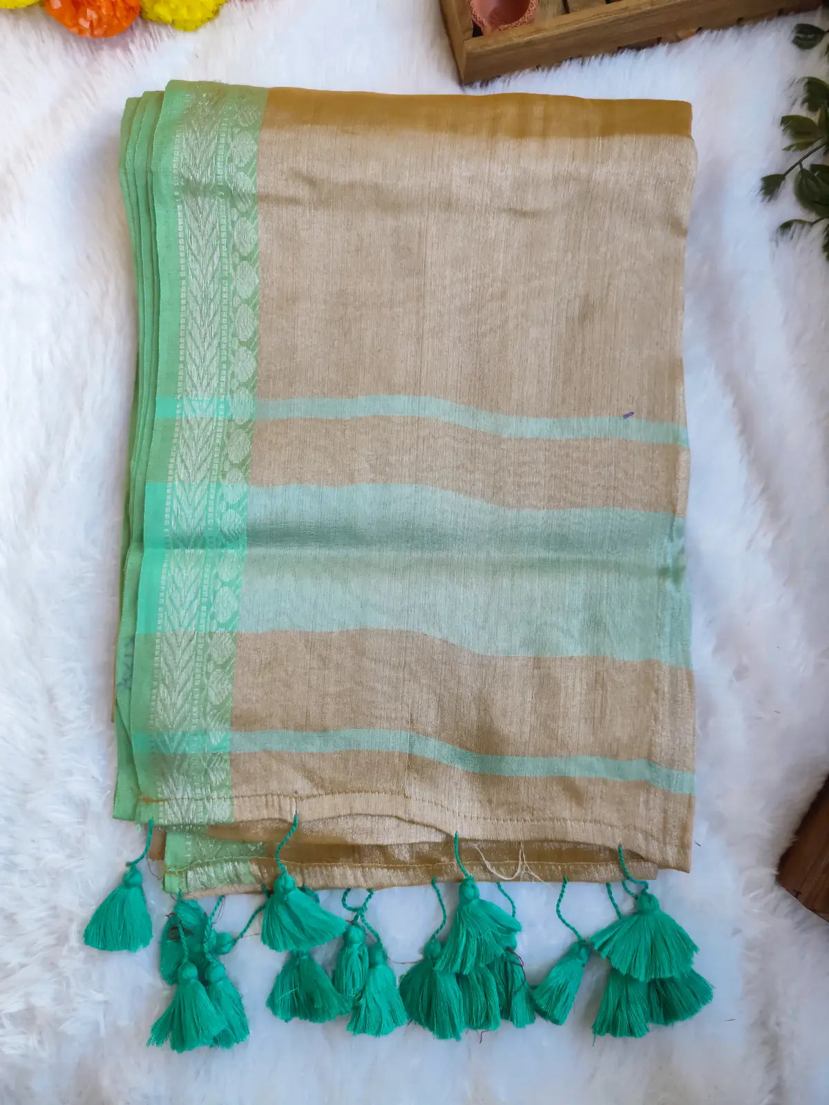 PISTA GOLD BORDER COTTON TISSUE SAREE