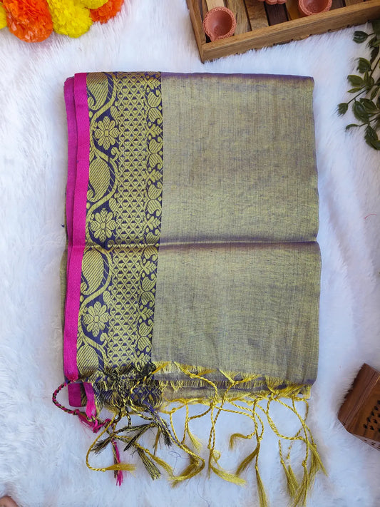 GOLDEN PINK BORDER COTTON TISSUE SAREE