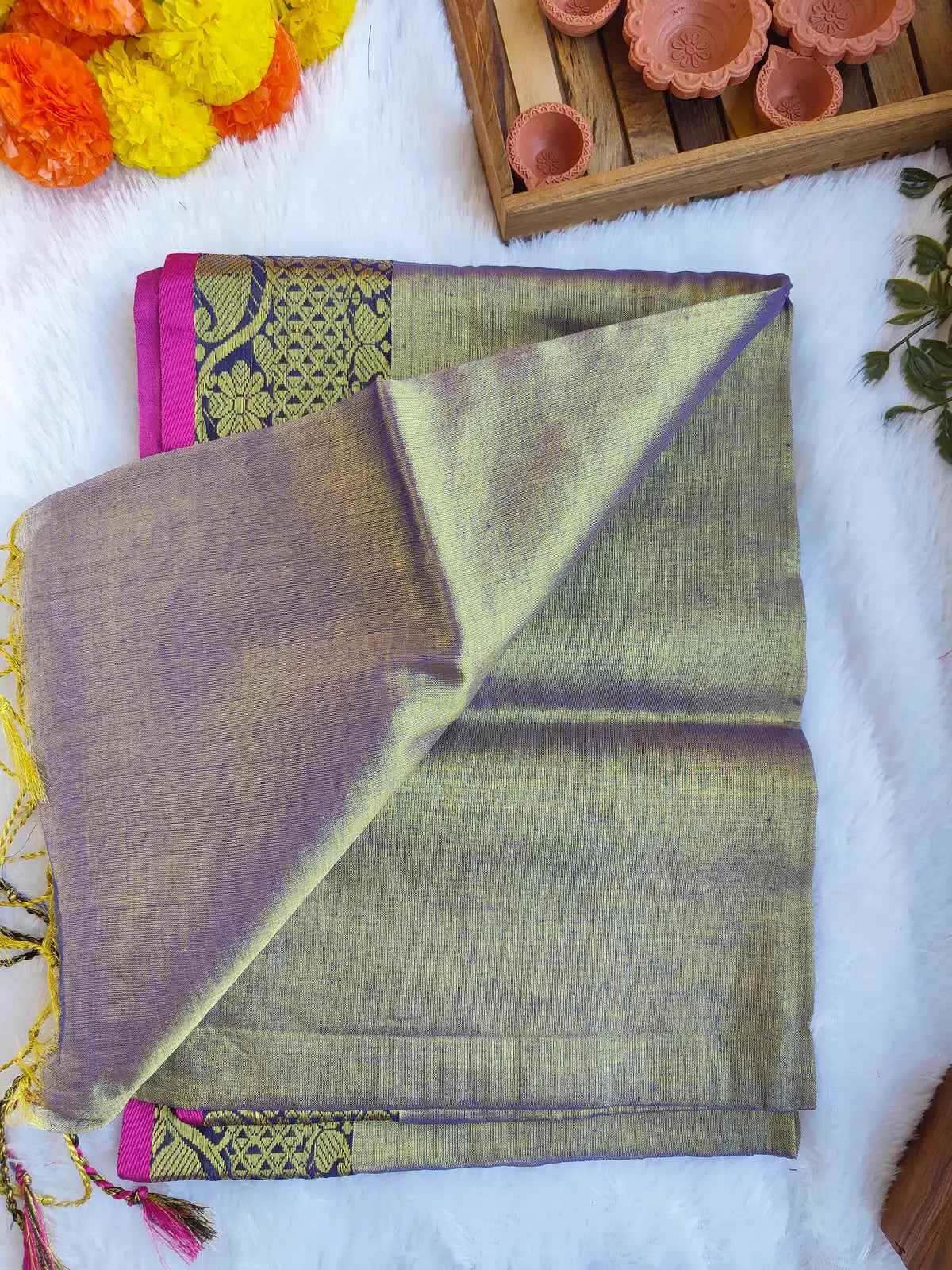 GOLDEN PINK BORDER COTTON TISSUE SAREE