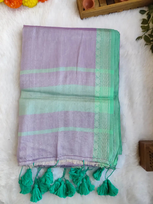 LAVENDER AND GREEN COTTON TISSUE SAREE