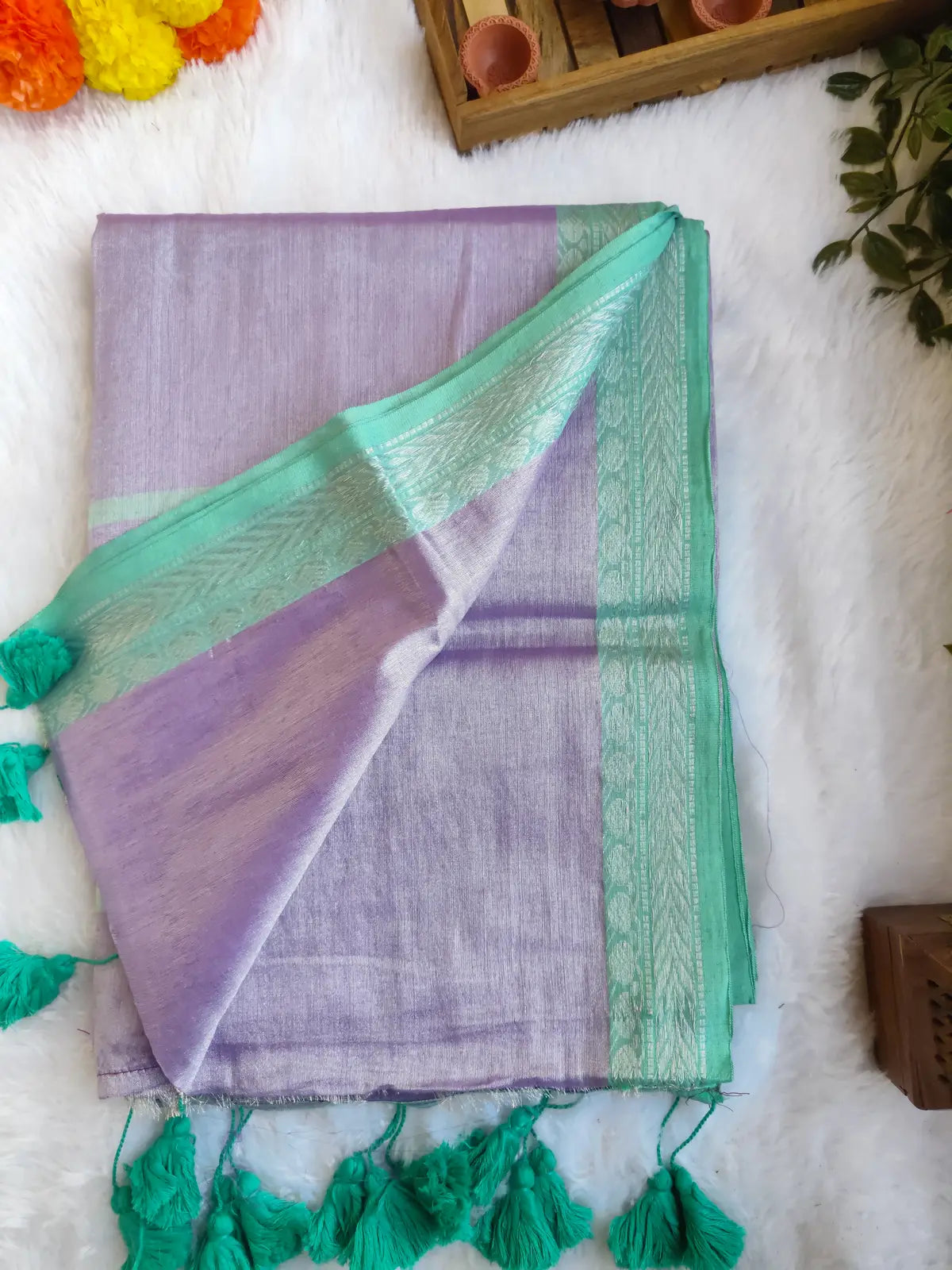 LAVENDER AND GREEN COTTON TISSUE SAREE
