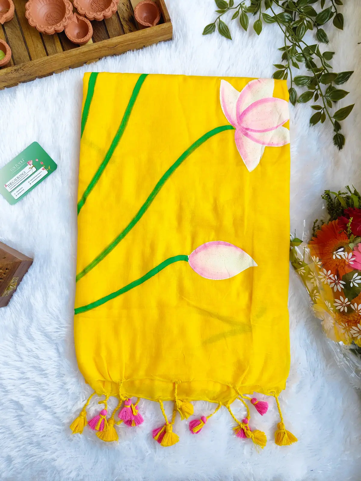 YELLOW LOTUS HAND PAINTED MUL COTTON SAREE