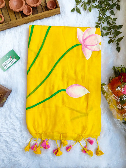 YELLOW LOTUS HAND PAINTED MUL COTTON SAREE