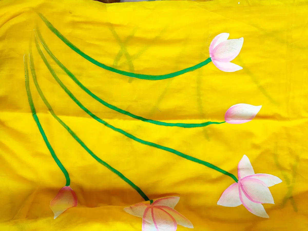 YELLOW LOTUS HAND PAINTED MUL COTTON SAREE