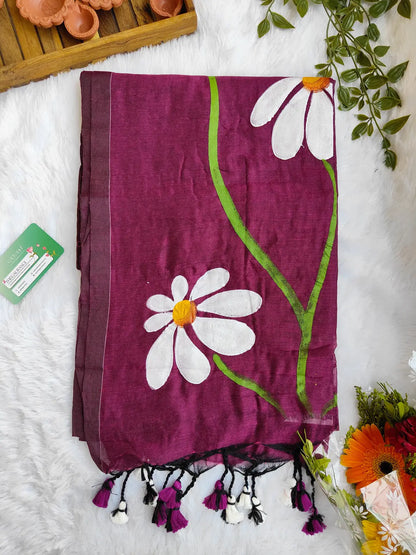 MAGENTA FLORAL HAND PAINTED MUL COTTON SAREE