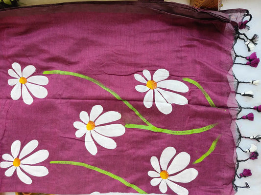 MAGENTA FLORAL HAND PAINTED MUL COTTON SAREE