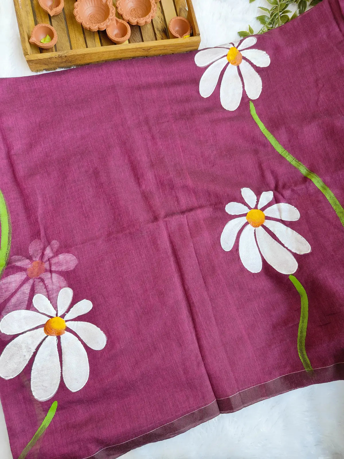 MAGENTA FLORAL HAND PAINTED MUL COTTON SAREE