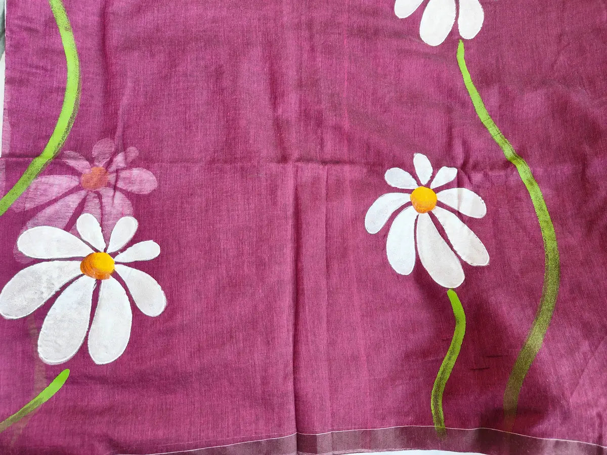 MAGENTA FLORAL HAND PAINTED MUL COTTON SAREE