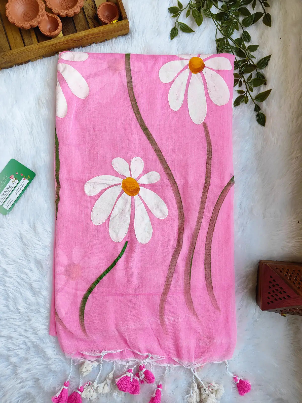 BABY PINK FLORAL HAND PAINTED MUL COTTON SAREE
