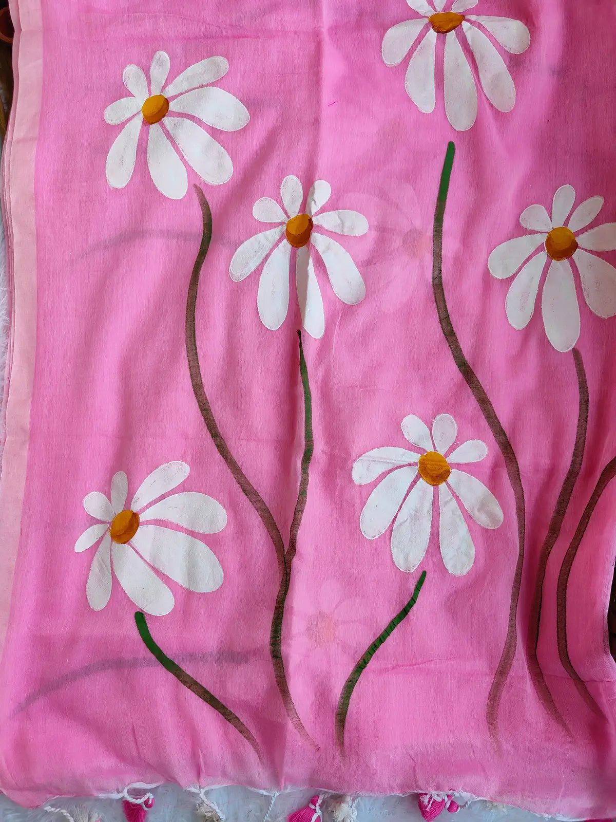 BABY PINK FLORAL HAND PAINTED MUL COTTON SAREE